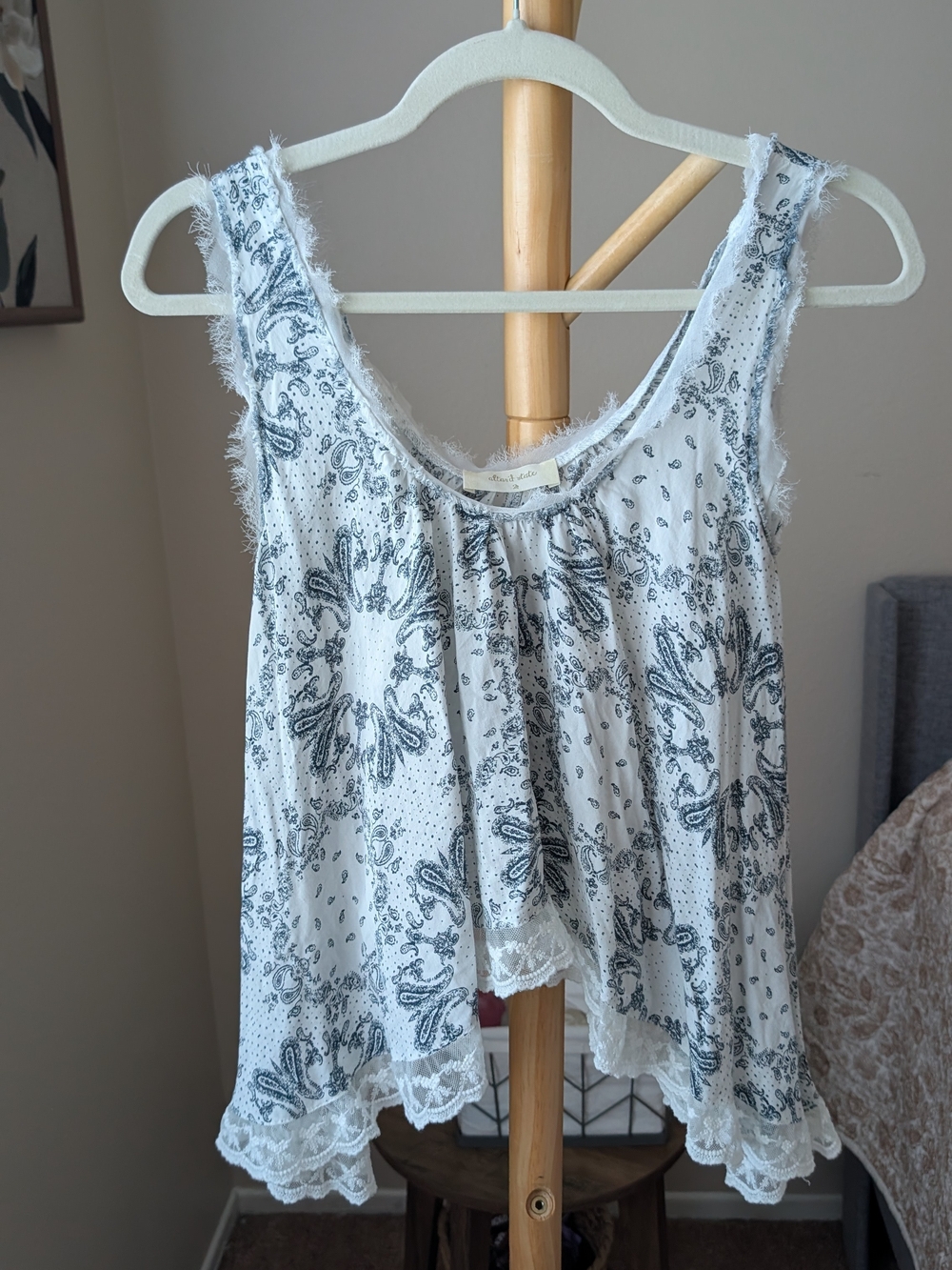 Altar'd State White Tank with Blue Paisley Print & Lace Hem